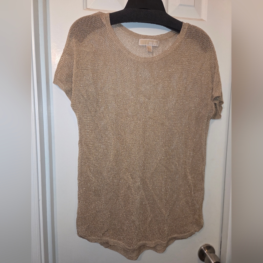 MICHAEL Michael Kors Gold Mesh Metallic Short Sleeve Top/Shirt.  Size L. - Picture 6 of 14